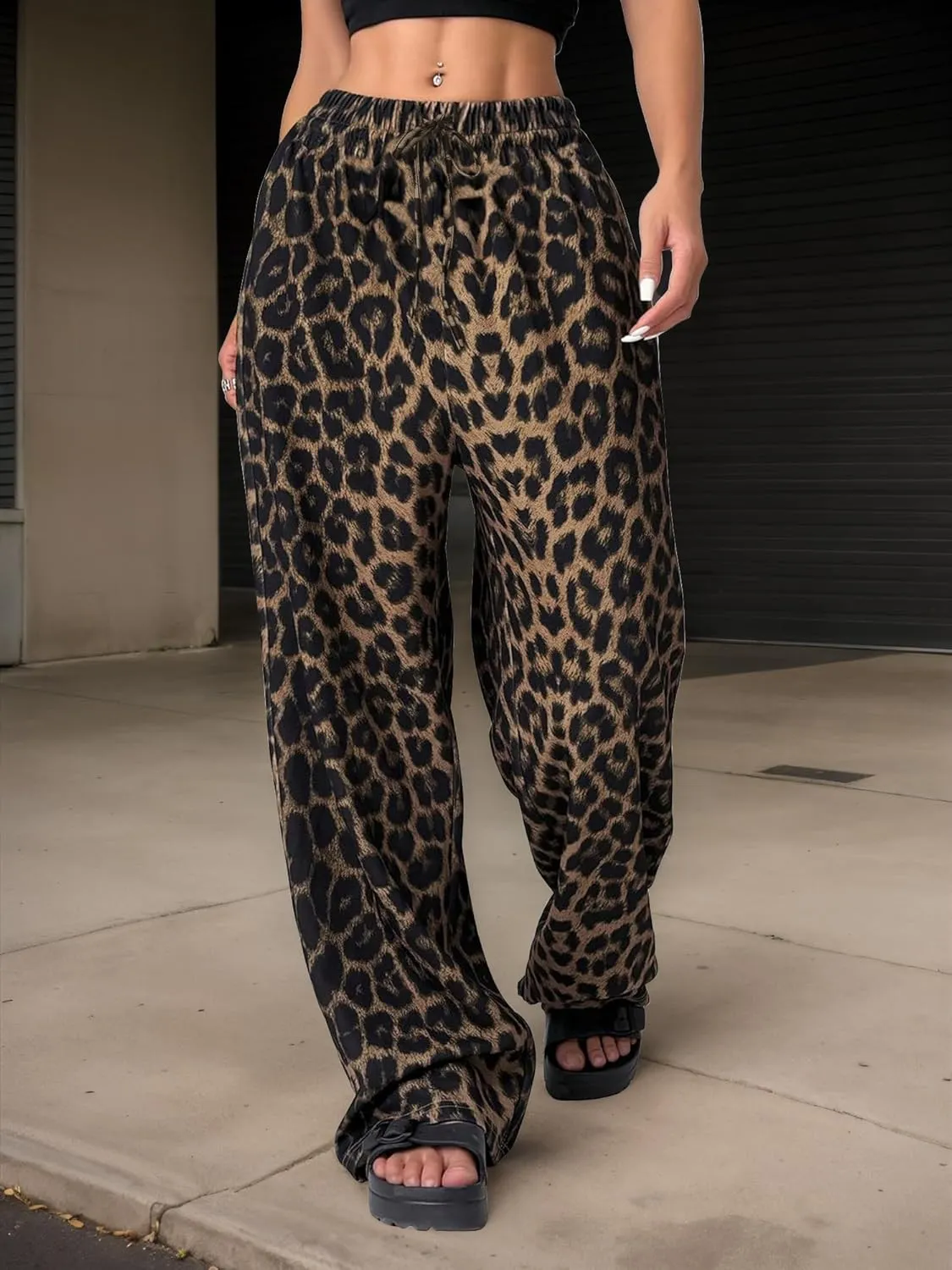Womens Leopard Print Pants Drawstring Elastic Waist Straight Leg Lounge Pants Y2K Cheetah Pajama Trousers with Pockets