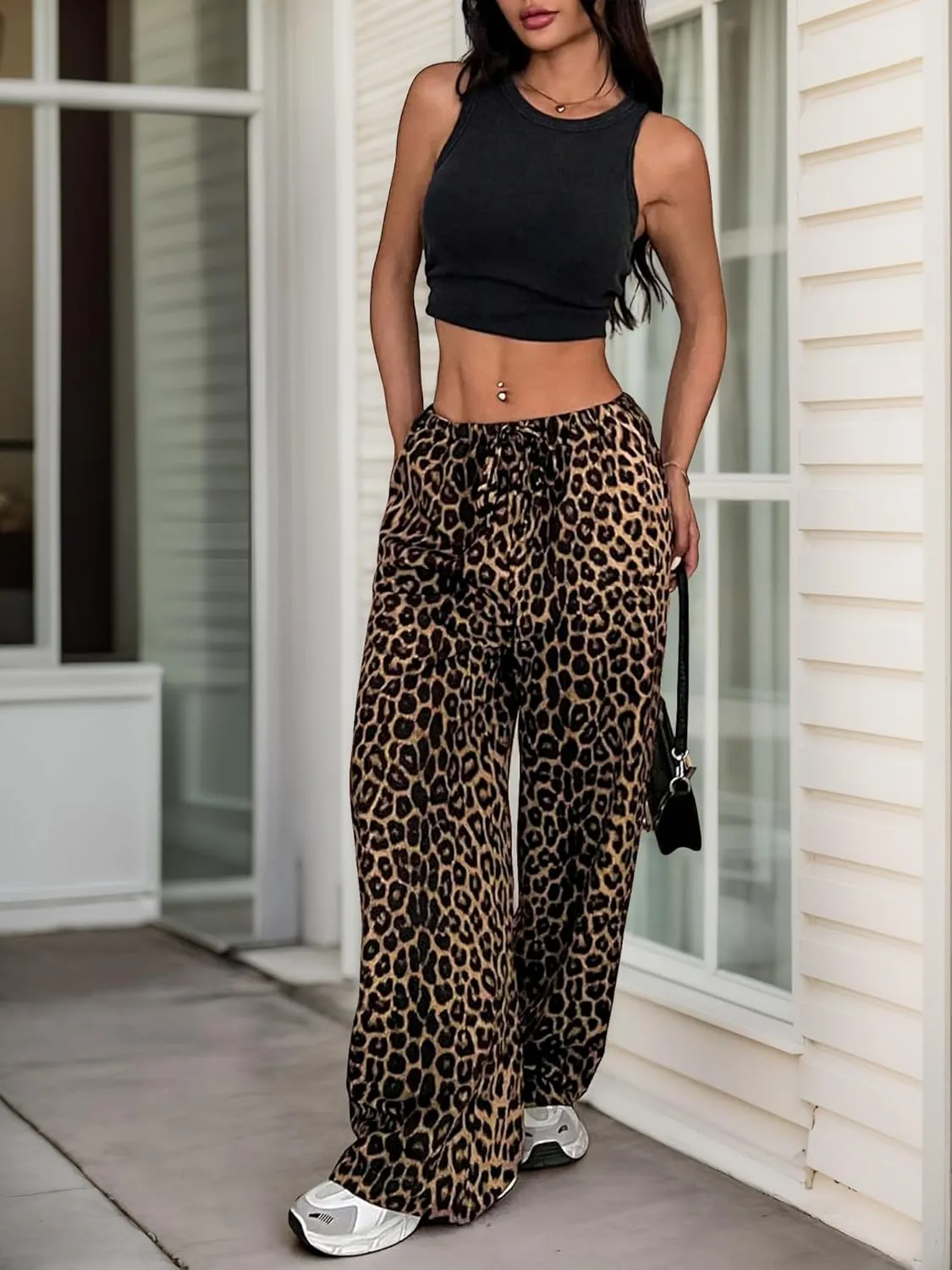 Womens Leopard Print Pants Drawstring Elastic Waist Straight Leg Lounge Pants Y2K Cheetah Pajama Trousers with Pockets