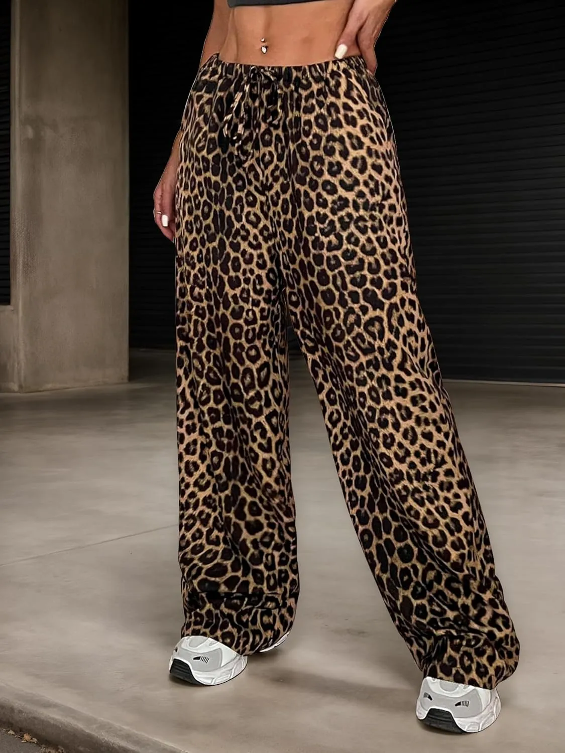 Womens Leopard Print Pants Drawstring Elastic Waist Straight Leg Lounge Pants Y2K Cheetah Pajama Trousers with Pockets