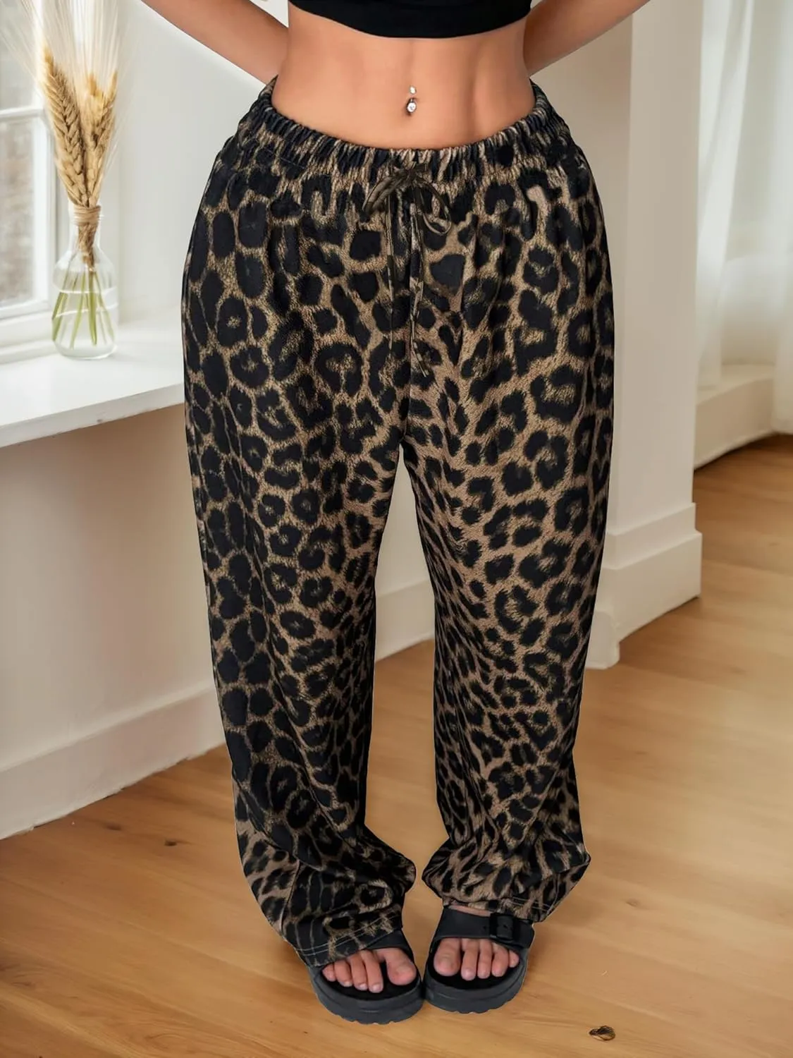 Womens Leopard Print Pants Drawstring Elastic Waist Straight Leg Lounge Pants Y2K Cheetah Pajama Trousers with Pockets