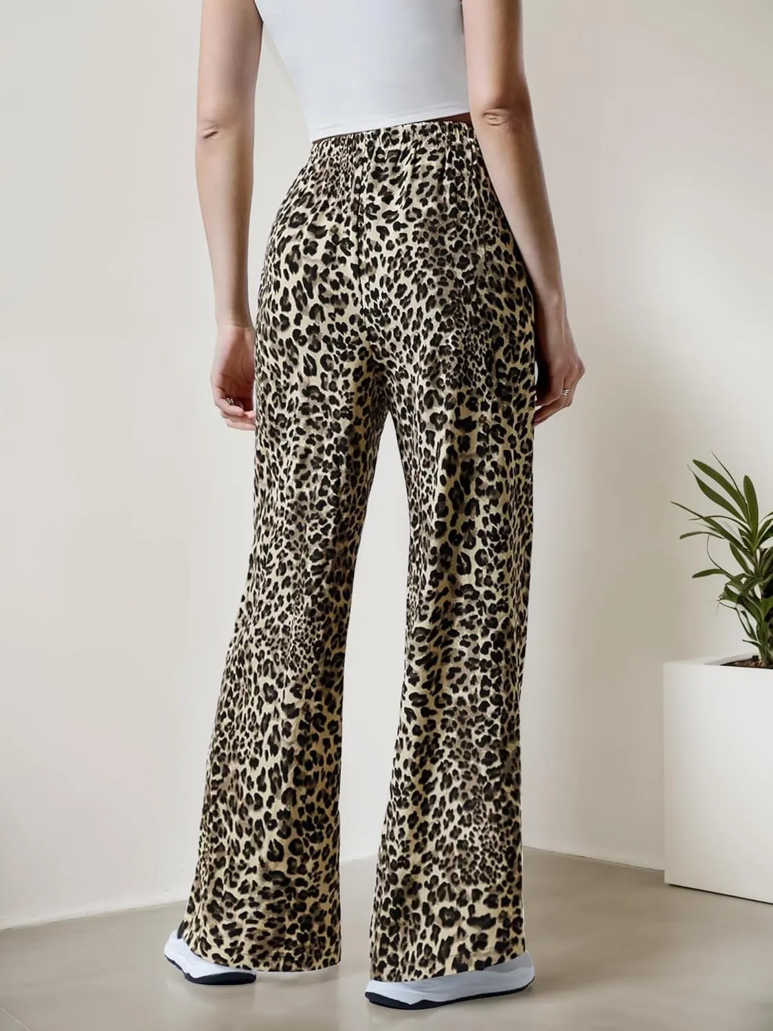 Womens Leopard Print Pants Drawstring Elastic Waist Straight Leg Lounge Pants Y2K Cheetah Pajama Trousers with Pockets