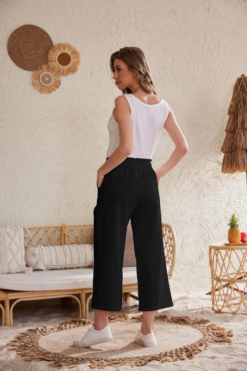 Womens Linen Pants Wide Leg High Waisted Drawstring Casual Flowy Pants with Pockets