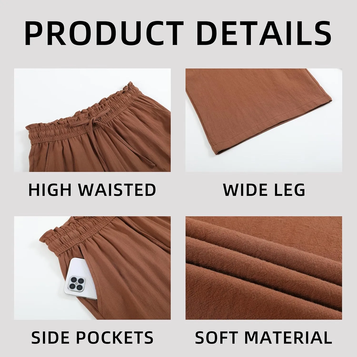 Womens Linen Pants Wide Leg High Waisted Drawstring Casual Flowy Pants with Pockets