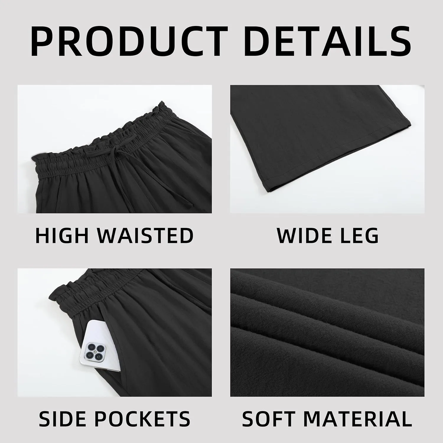 Womens Linen Pants Wide Leg High Waisted Drawstring Casual Flowy Pants with Pockets