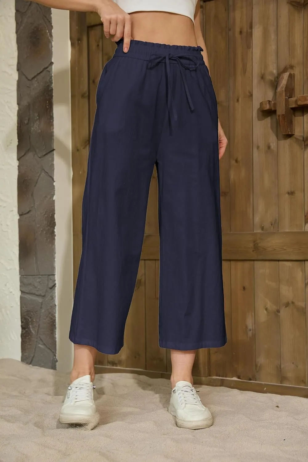 Womens Linen Pants Wide Leg High Waisted Drawstring Casual Flowy Pants with Pockets