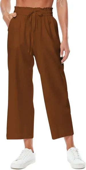 Womens Linen Pants Wide Leg High Waisted Drawstring Casual Flowy Pants with Pockets