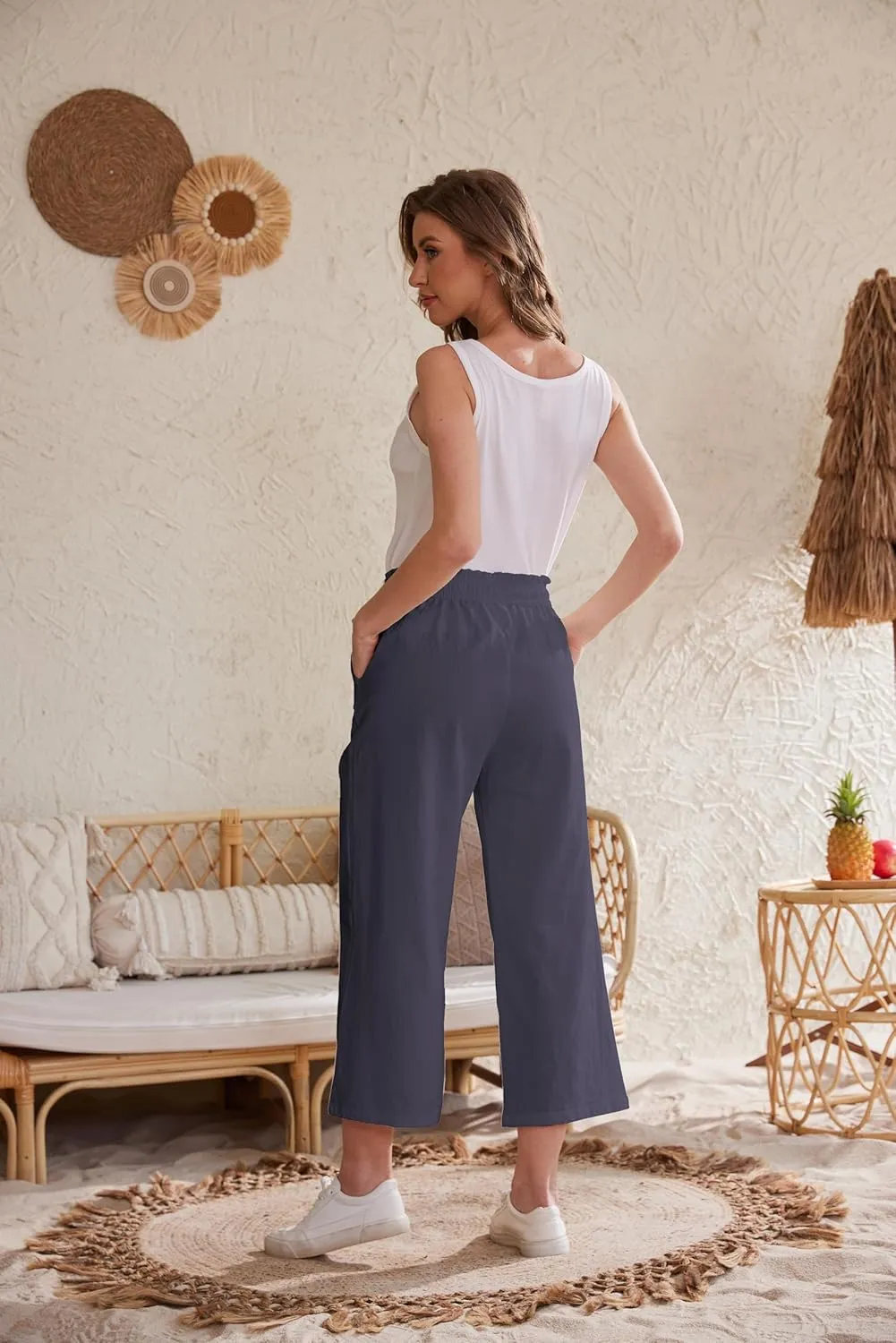 Womens Linen Pants Wide Leg High Waisted Drawstring Casual Flowy Pants with Pockets