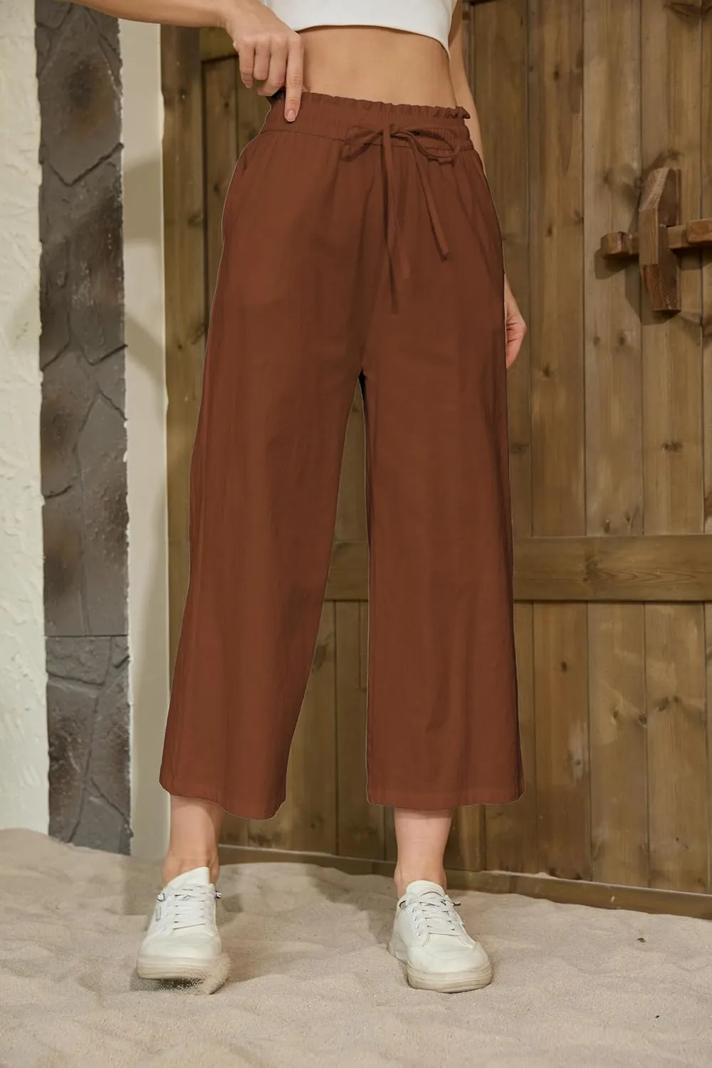 Womens Linen Pants Wide Leg High Waisted Drawstring Casual Flowy Pants with Pockets