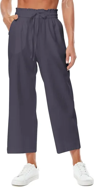 Womens Linen Pants Wide Leg High Waisted Drawstring Casual Flowy Pants with Pockets