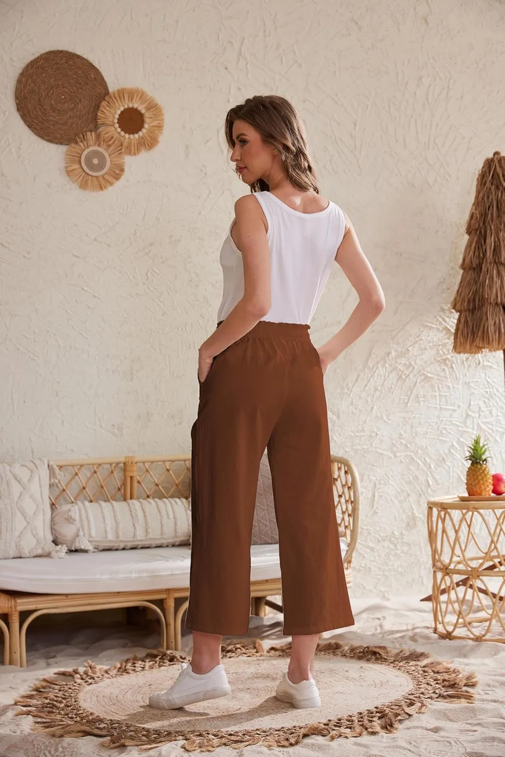 Womens Linen Pants Wide Leg High Waisted Drawstring Casual Flowy Pants with Pockets