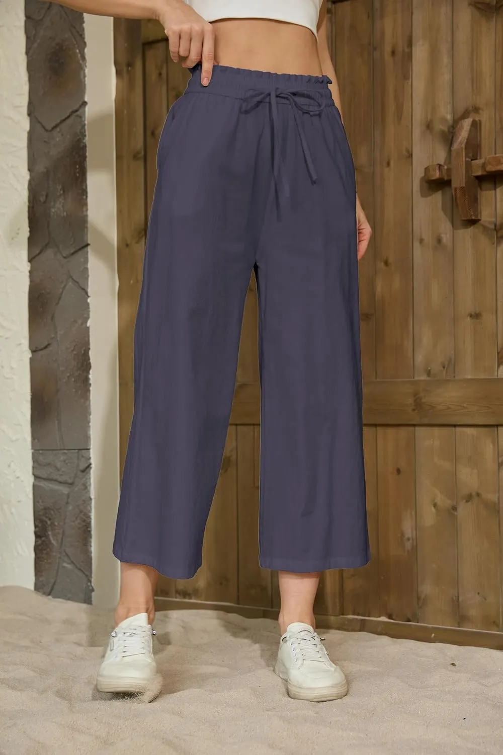 Womens Linen Pants Wide Leg High Waisted Drawstring Casual Flowy Pants with Pockets