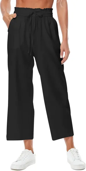 Womens Linen Pants Wide Leg High Waisted Drawstring Casual Flowy Pants with Pockets