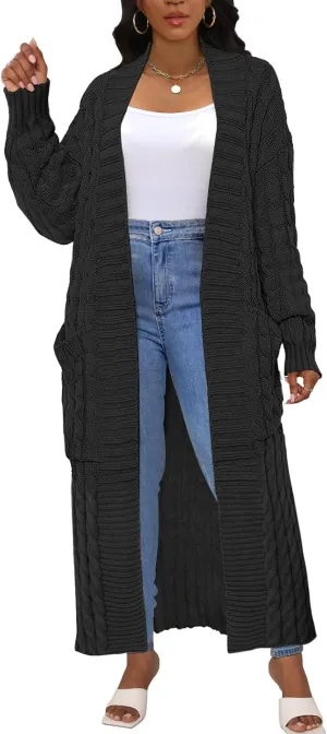Womens Long Cardigan Sweater Open Front Long Sleeve Chunky Cable Knit Duster Outerwear Maxi 2024 Fall Jacket Coats