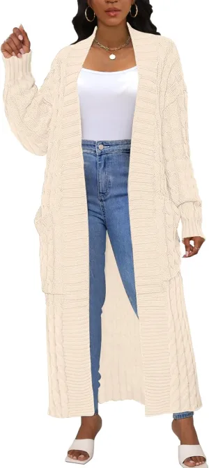 Womens Long Cardigan Sweater Open Front Long Sleeve Chunky Cable Knit Duster Outerwear Maxi 2024 Fall Jacket Coats