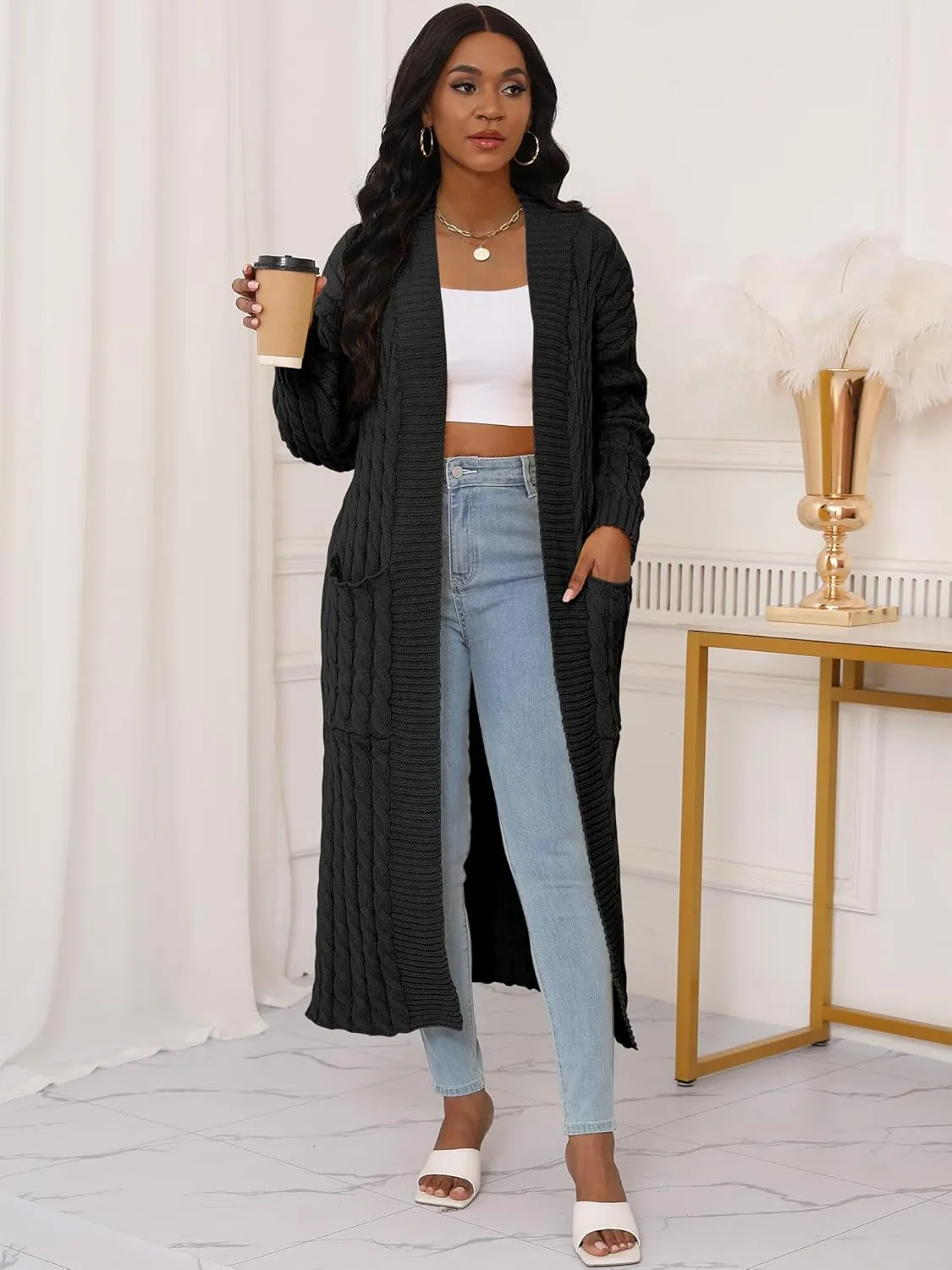Womens Long Cardigan Sweater Open Front Long Sleeve Chunky Cable Knit Duster Outerwear Maxi 2024 Fall Jacket Coats