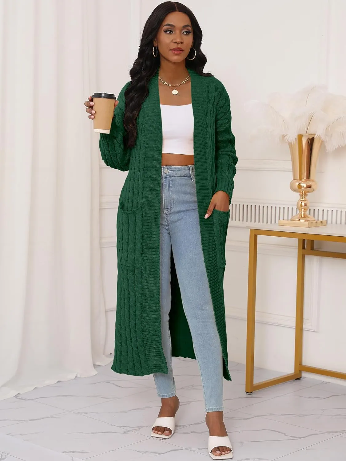 Womens Long Cardigan Sweater Open Front Long Sleeve Chunky Cable Knit Duster Outerwear Maxi 2024 Fall Jacket Coats