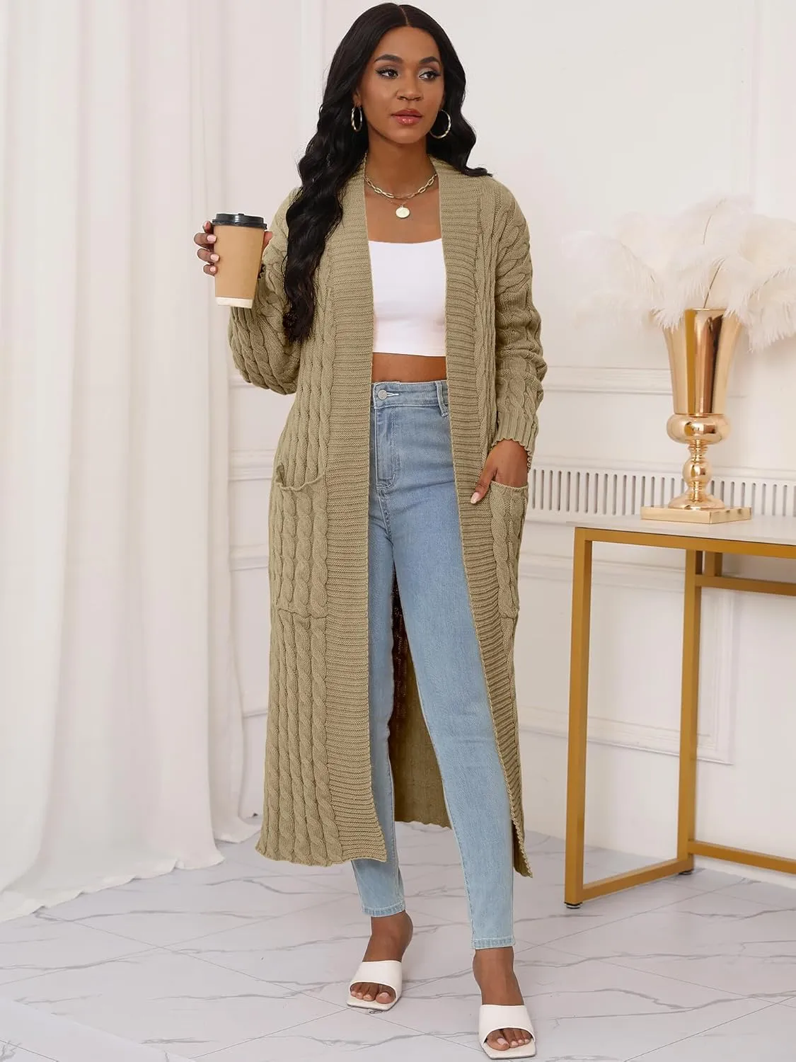 Womens Long Cardigan Sweater Open Front Long Sleeve Chunky Cable Knit Duster Outerwear Maxi 2024 Fall Jacket Coats