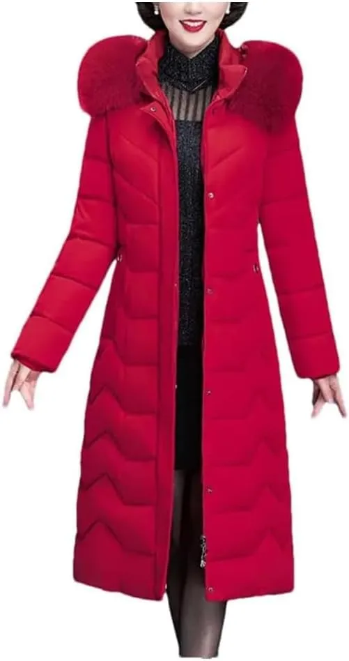 Women's Long Cotton-Padded Winter Parka Coat with Hood for Middle-Aged Mothers