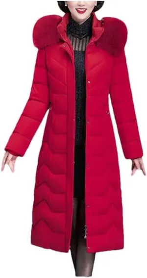Women's Long Cotton-Padded Winter Parka Coat with Hood for Middle-Aged Mothers