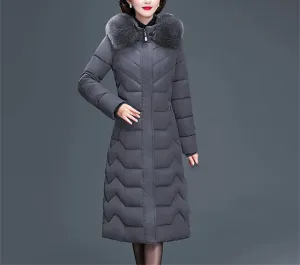 Women's Long Cotton-Padded Winter Parka Coat with Hood for Middle-Aged Mothers