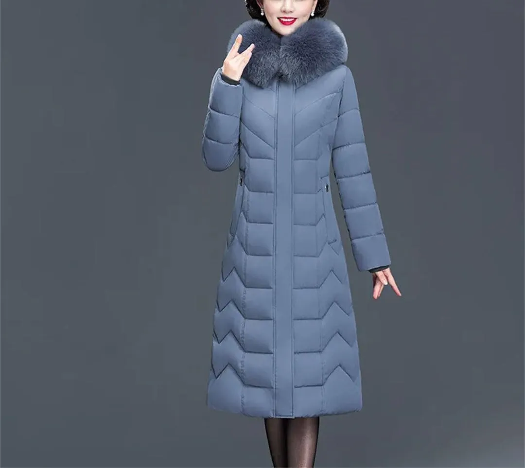 Women's Long Cotton-Padded Winter Parka Coat with Hood for Middle-Aged Mothers