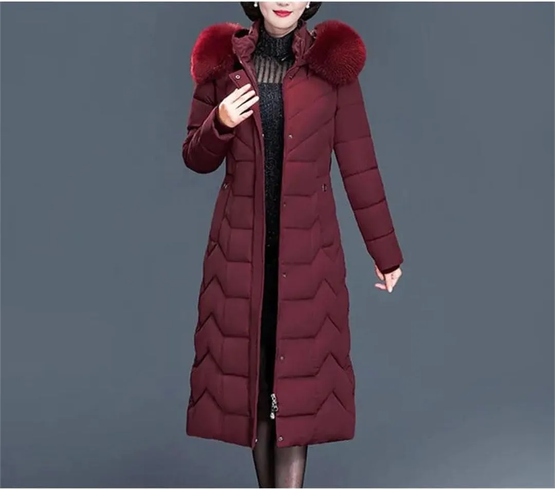 Women's Long Cotton-Padded Winter Parka Coat with Hood for Middle-Aged Mothers