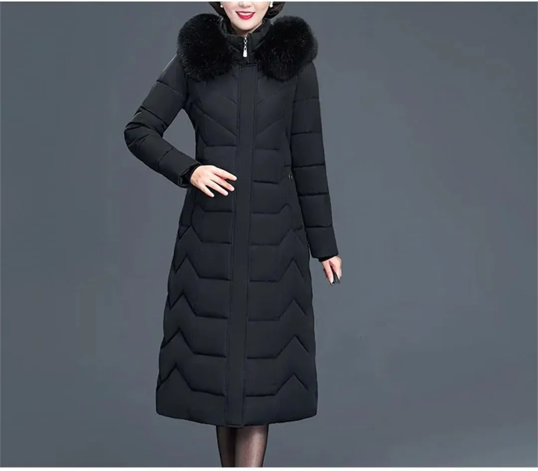 Women's Long Cotton-Padded Winter Parka Coat with Hood for Middle-Aged Mothers