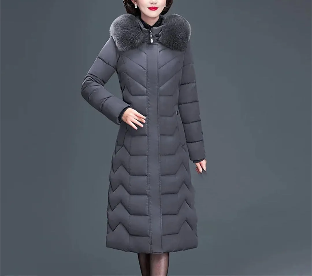 Women's Long Cotton-Padded Winter Parka Coat with Hood for Middle-Aged Mothers
