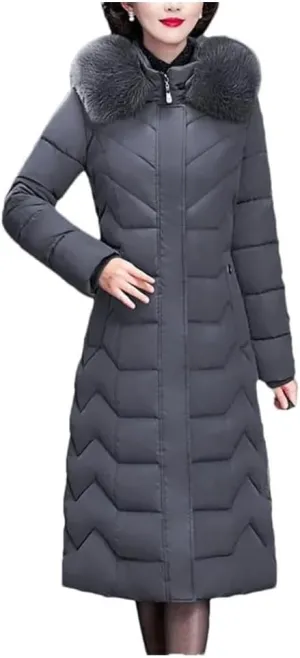 Women's Long Cotton-Padded Winter Parka Coat with Hood for Middle-Aged Mothers