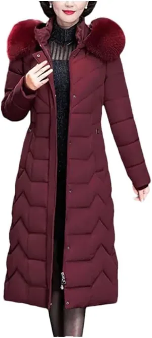 Women's Long Cotton-Padded Winter Parka Coat with Hood for Middle-Aged Mothers