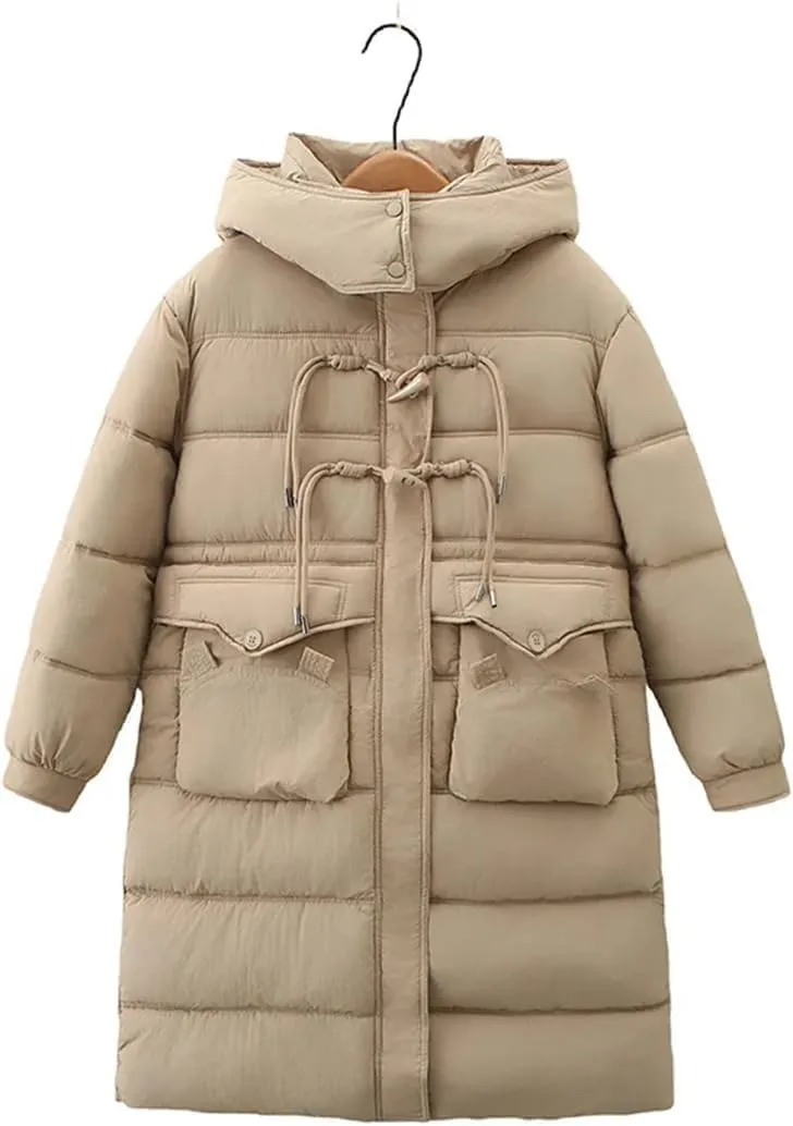 Women's Long Horn Buckle Hooded Cotton-Padded Winter Parka Coat