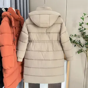 Women's Long Horn Buckle Hooded Cotton-Padded Winter Parka Coat