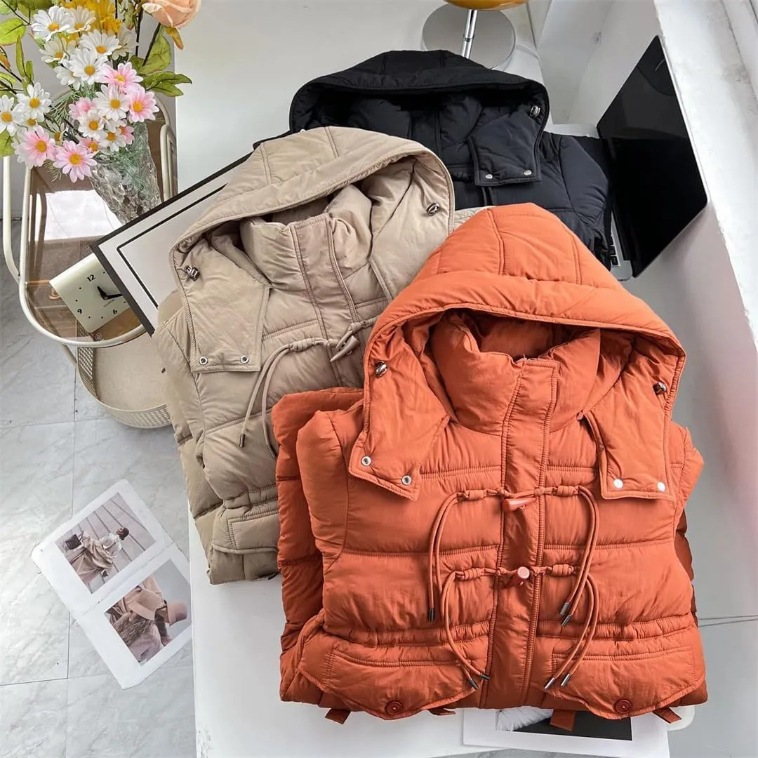 Women's Long Horn Buckle Hooded Cotton-Padded Winter Parka Coat