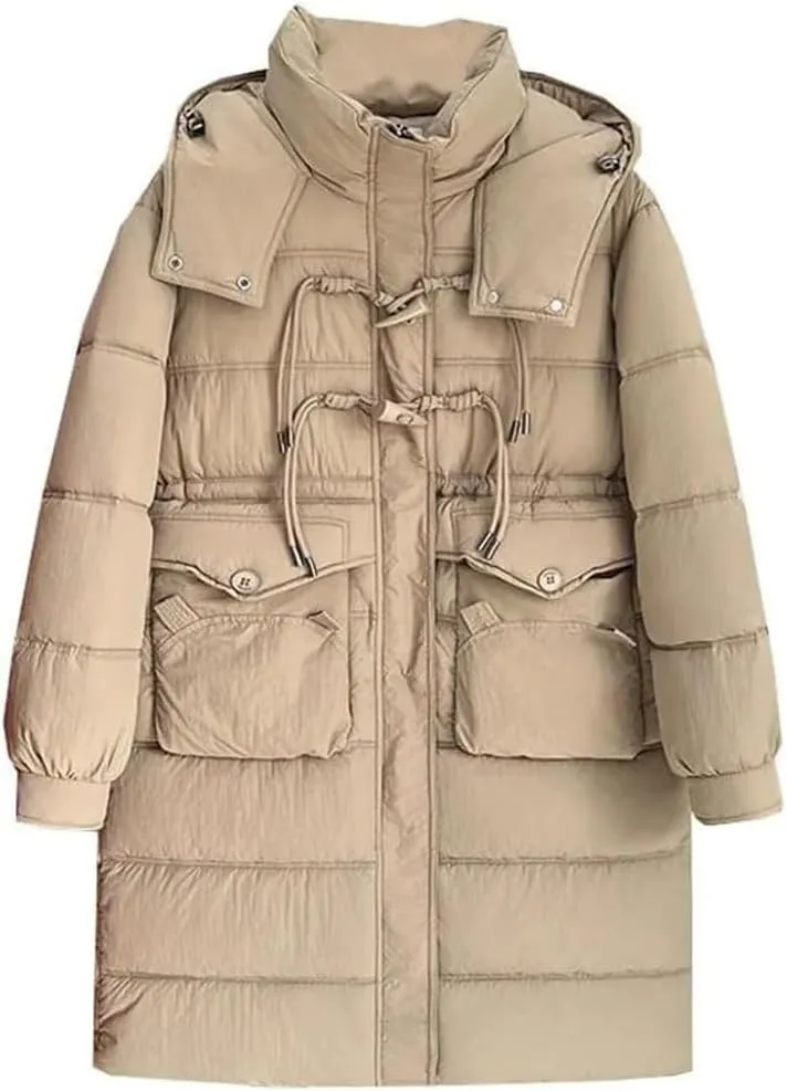 Women's Long Horn Buckle Hooded Cotton-Padded Winter Parka Coat