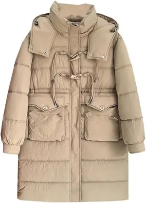 Women's Long Horn Buckle Hooded Cotton-Padded Winter Parka Coat