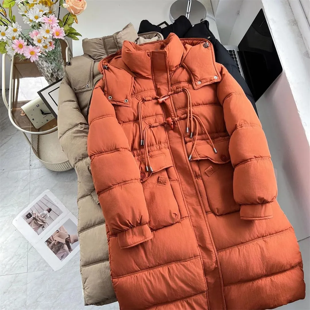 Women's Long Horn Buckle Hooded Cotton-Padded Winter Parka Coat