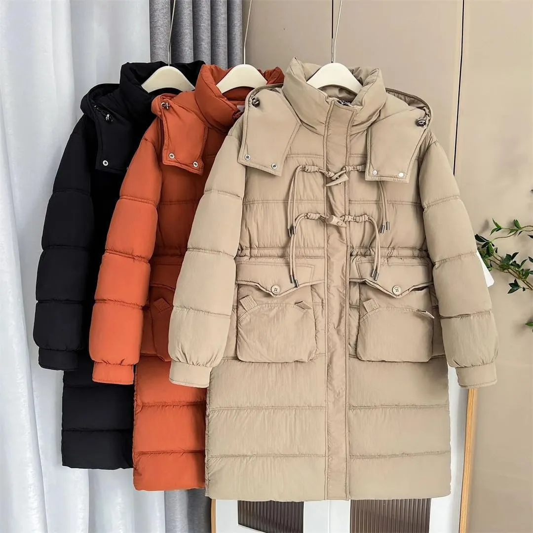 Women's Long Horn Buckle Hooded Cotton-Padded Winter Parka Coat