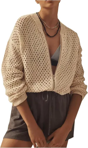 Women's Mesh Cardigan Sweaters Hollow Out Lantern Long Sleeve Zip Up Crochet Fishnet Knit Shrugs Sweater Jacket