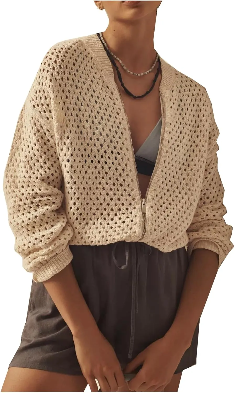 Women's Mesh Cardigan Sweaters Hollow Out Lantern Long Sleeve Zip Up Crochet Fishnet Knit Shrugs Sweater Jacket