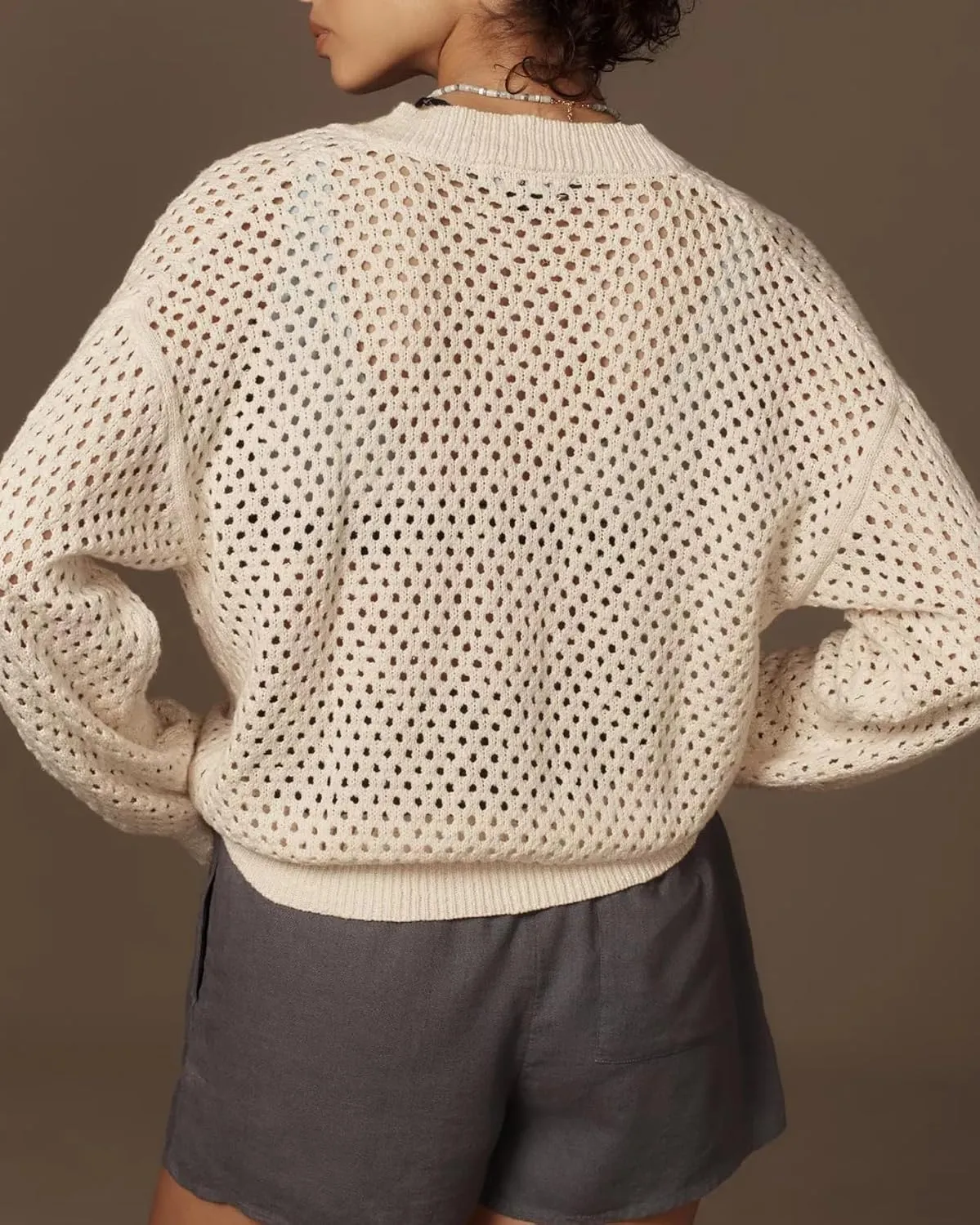 Women's Mesh Cardigan Sweaters Hollow Out Lantern Long Sleeve Zip Up Crochet Fishnet Knit Shrugs Sweater Jacket