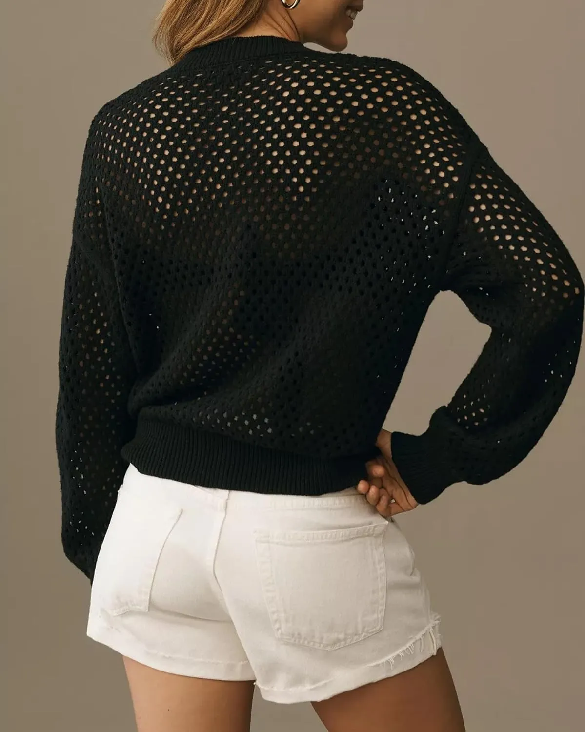 Women's Mesh Cardigan Sweaters Hollow Out Lantern Long Sleeve Zip Up Crochet Fishnet Knit Shrugs Sweater Jacket