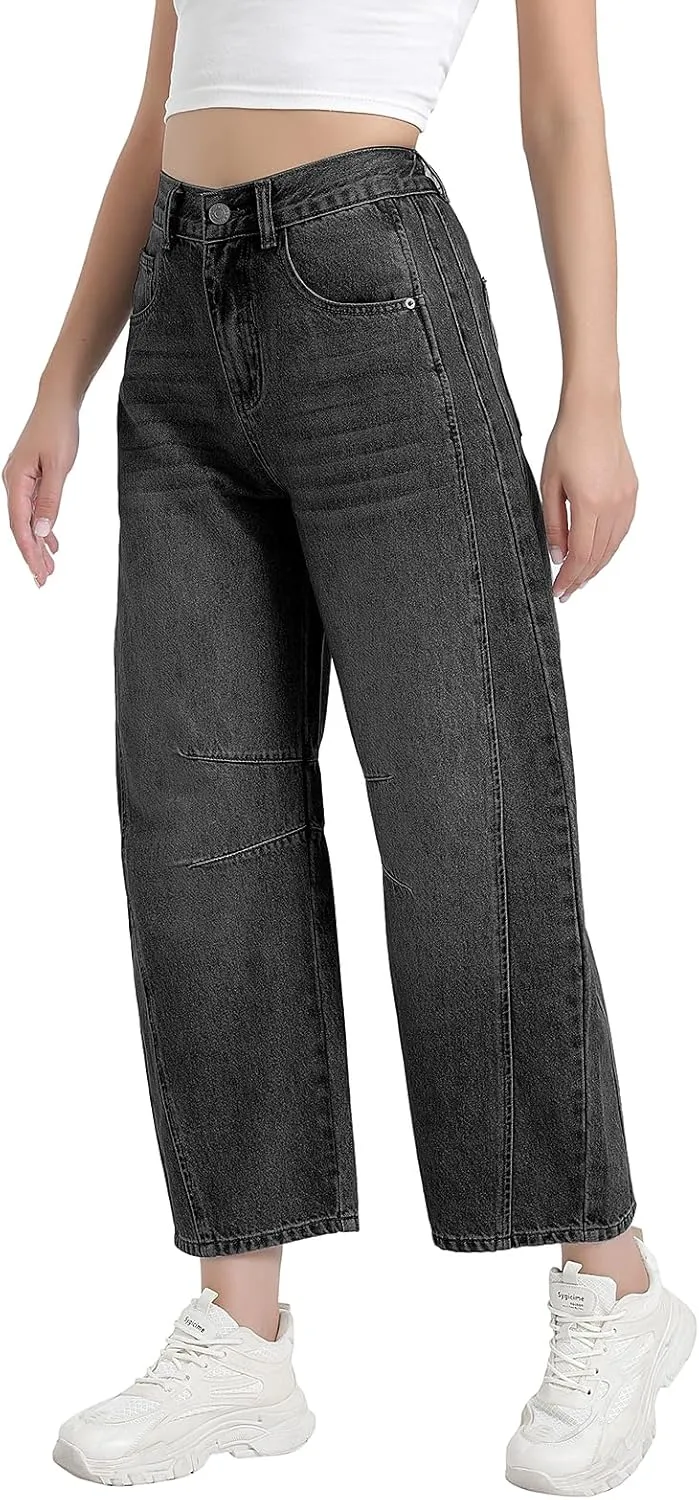 Women's Mid Elastic Waist Wide Leg Barrel Jeans Cropped Denim Pants Comfortable Boyfriend Jeans with Pockets