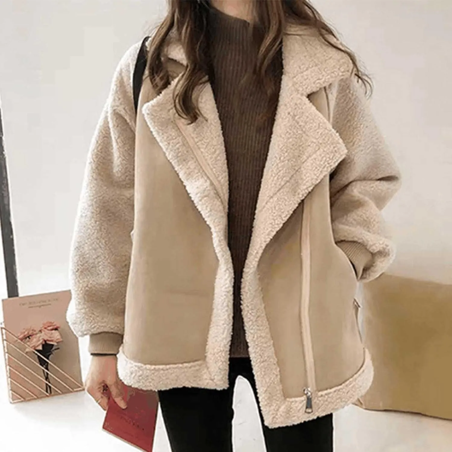 Women's Oversize Winter Suede Sherpa Leather Jacket Zip Up Thick Lambwool Fur Coat with Pockets Warm Fleece Outwear