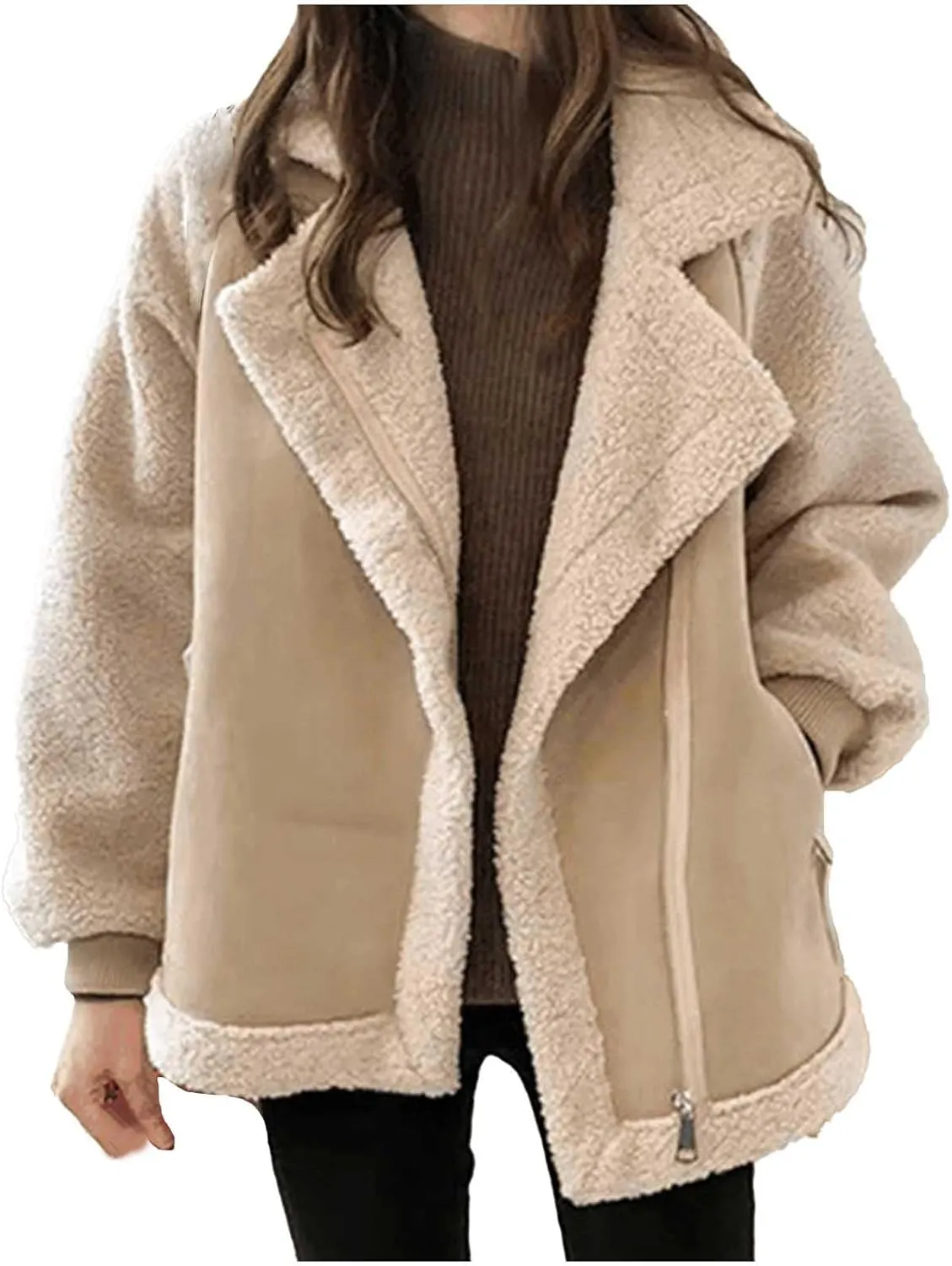 Women's Oversize Winter Suede Sherpa Leather Jacket Zip Up Thick Lambwool Fur Coat with Pockets Warm Fleece Outwear