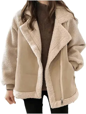 Women's Oversize Winter Suede Sherpa Leather Jacket Zip Up Thick Lambwool Fur Coat with Pockets Warm Fleece Outwear