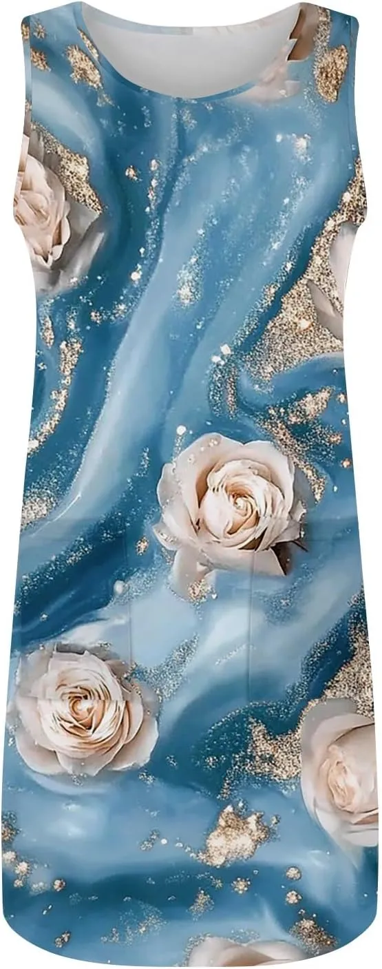 Women's Sleeveless Floral Print Summer Dress Casual Loose Fit Beach Summer with Pockets, Lightweight and Comfortable