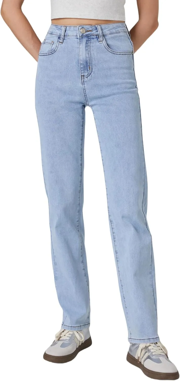 Womens Straight Leg Jeans High Rise Slim Fit and Tummy Control Denim Pants