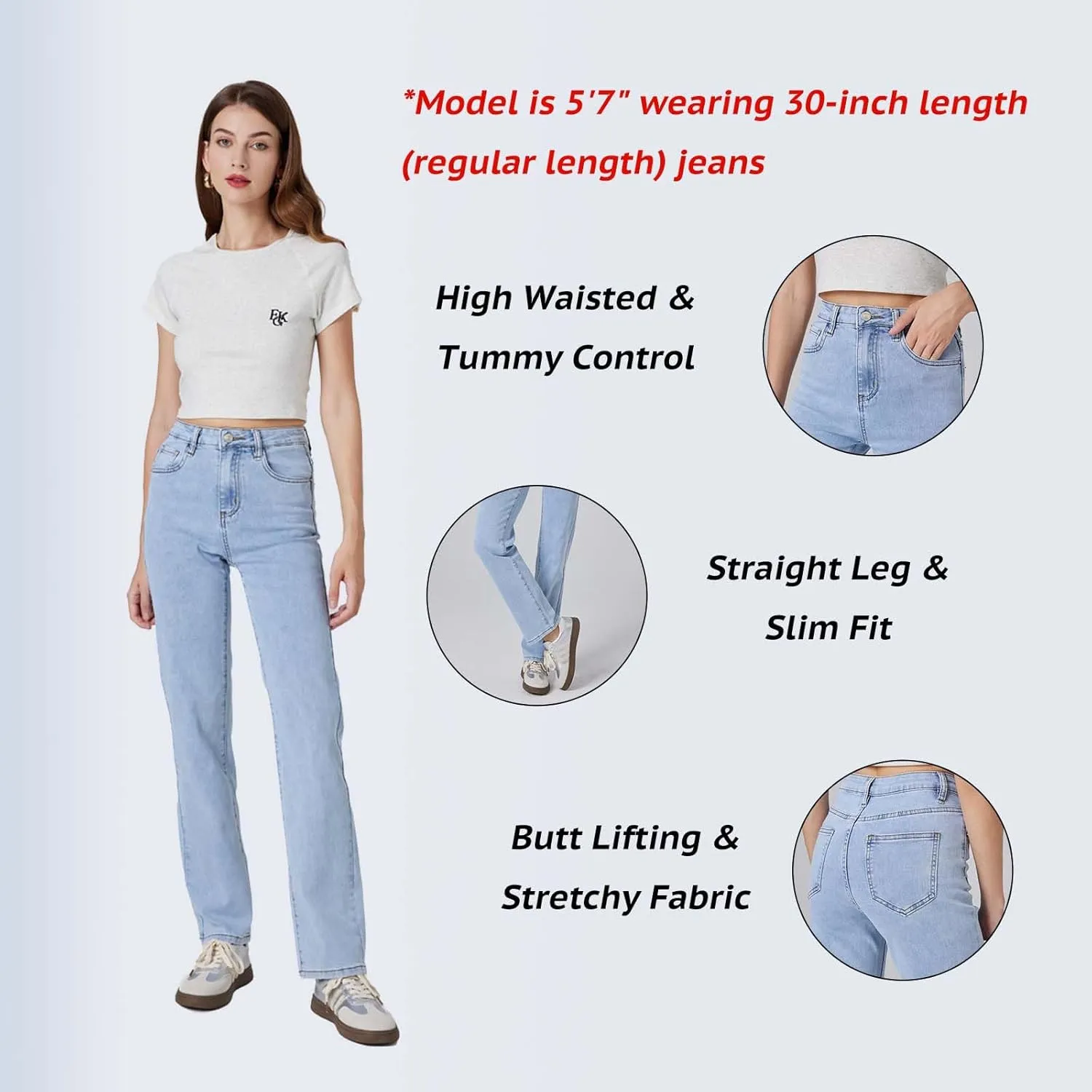 Womens Straight Leg Jeans High Rise Slim Fit and Tummy Control Denim Pants