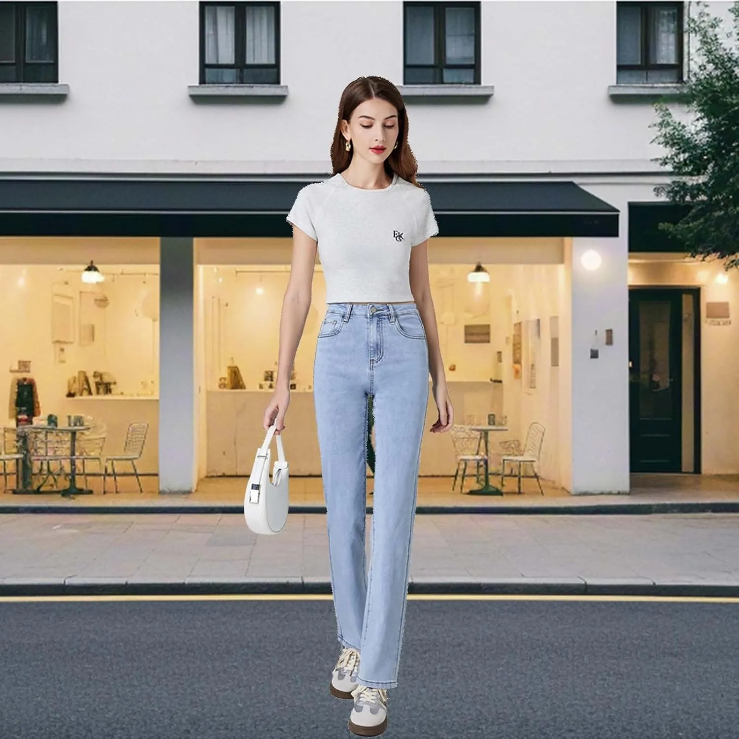 Womens Straight Leg Jeans High Rise Slim Fit and Tummy Control Denim Pants