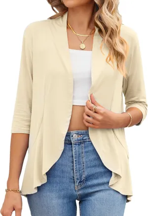 Womens Summer 3/4 Sleeve Open Front Cardigan Lightweight Draped Ruffle Casual Tops, Beige-L
